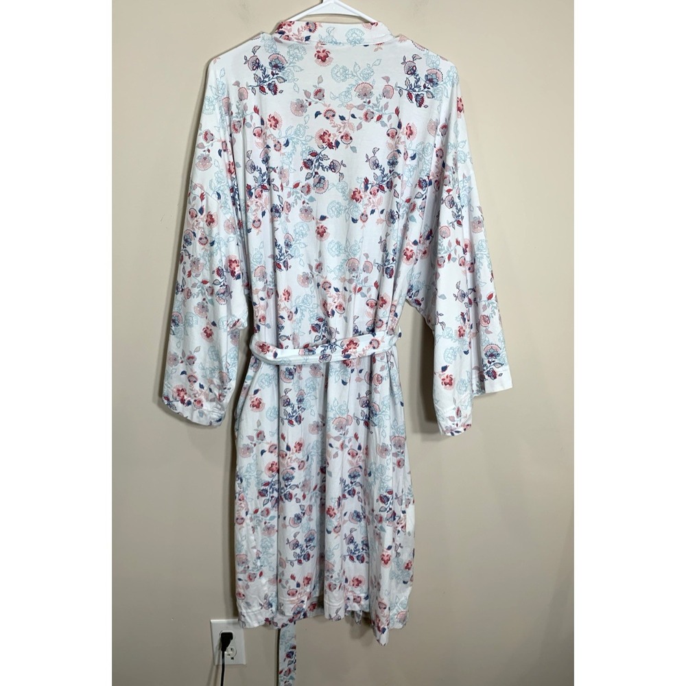 Garnet Hill Robe Womens XL White Pink Floral 100% "Green Cotton" Long Pockets - Picture 7 of 14